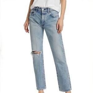 Moussy Vintage Hesperia Straight Leg Jeans - Distressed - Blue Denim - Size 28